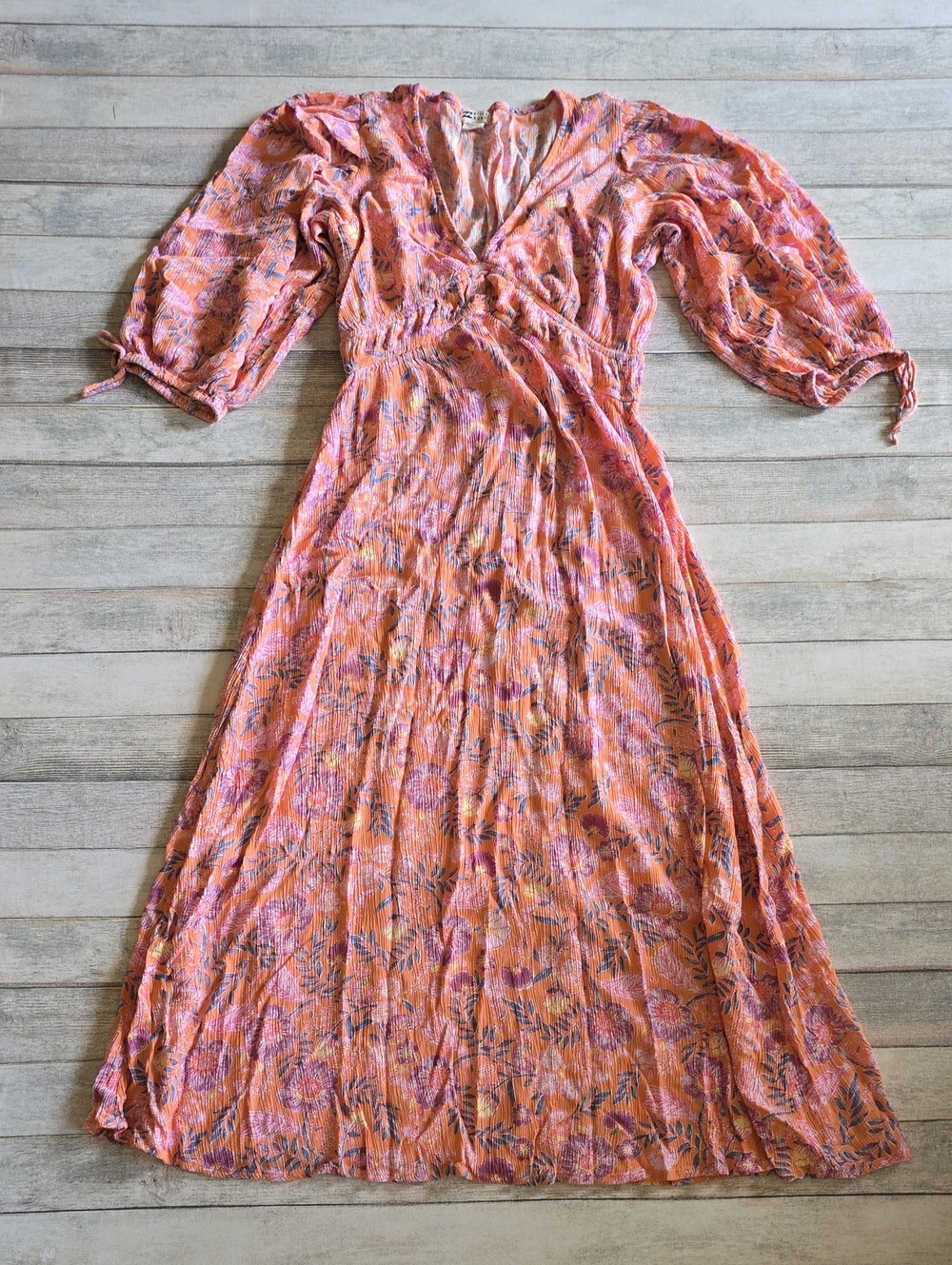 Billabong Paradise Sky Coral Purple Blue Yellow Floral V-Neck Midi Dress Sz M